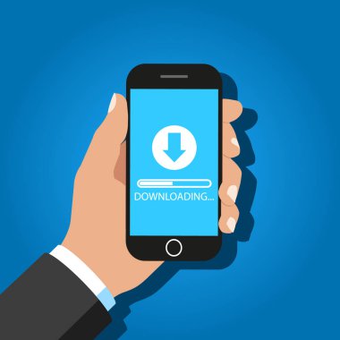 Dosya indirme ekranı olan akıllı telefonu tut. Vektör.
