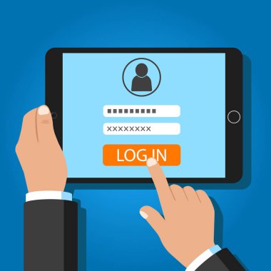 Tablet Pc 'i tutan Giriş Kavramları Adamı. Vektör.