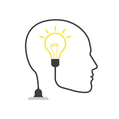 Kafasında ampul çizgisi simgesi olan bir kafa, dış hatlı vektör logosu. İzole edilmiş.