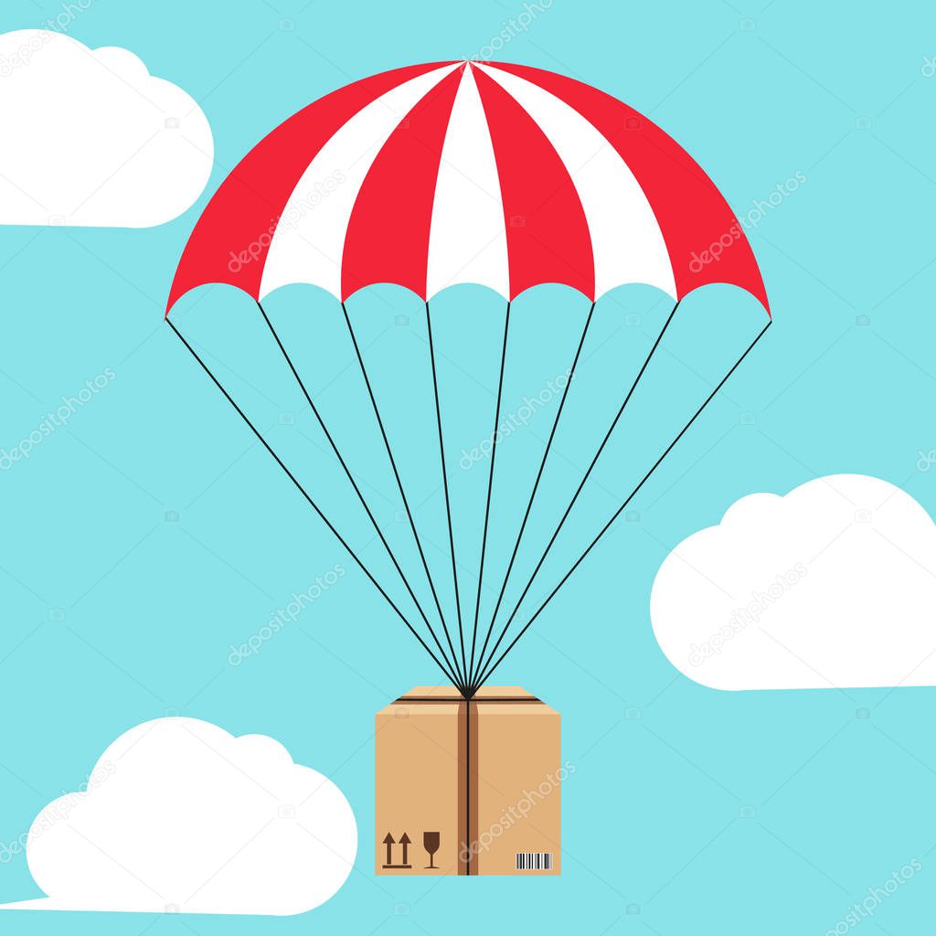 Parachute package floating through the sky. Vector.