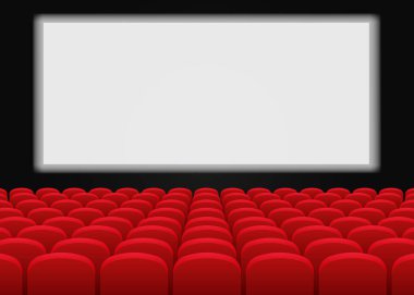 Sinema ekran ve kırmızı koltuk ile konser salonu. Vektör.