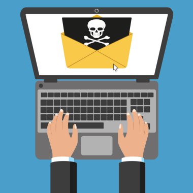Laptop and envelope with black document and skull icon. Vector.