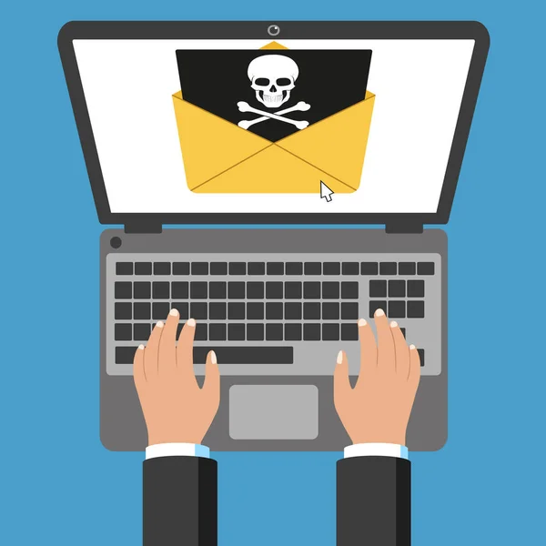 Laptop and envelope with black document and skull icon. Vector. — Stok Vektör