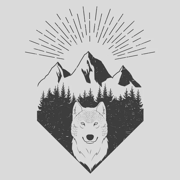 Illustration vectorielle de maountain, forêt et loup. Isolé . — Image vectorielle