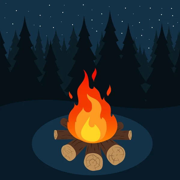 Ilustración vectorial del fuego de campamento en el bosque por la noche . — Vector de stock