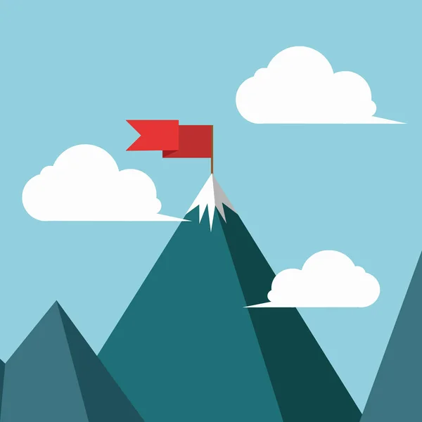 Concept business et succès. Drapeau rouge sur un sommet de montagne. Vecteur . — Image vectorielle