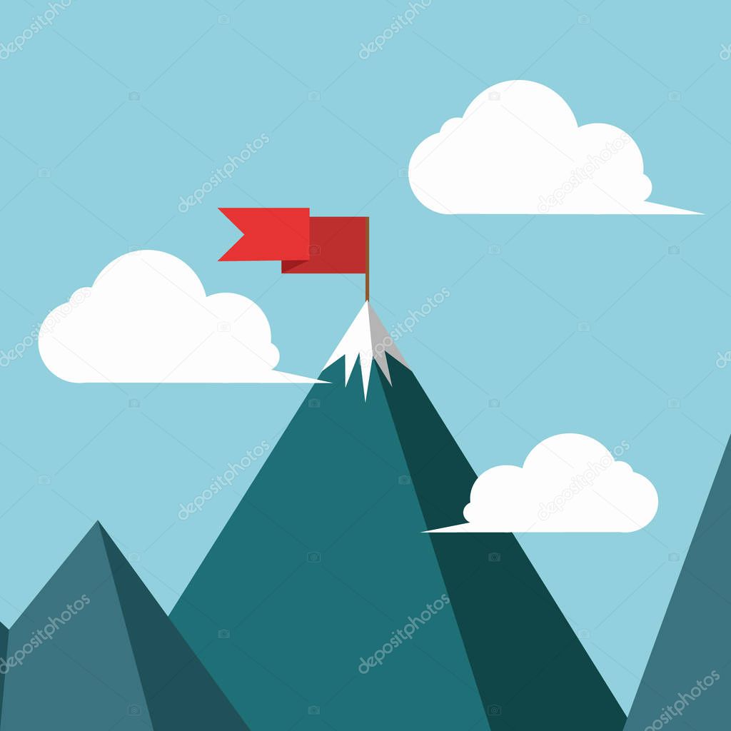 Concept business and success. Red flag on a Mountain peak. Vector.