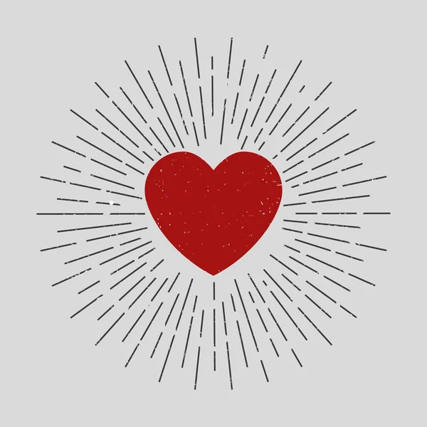 Vintage Red Heart vector Illustration. Sunburst. Isolated. — Stock Vector