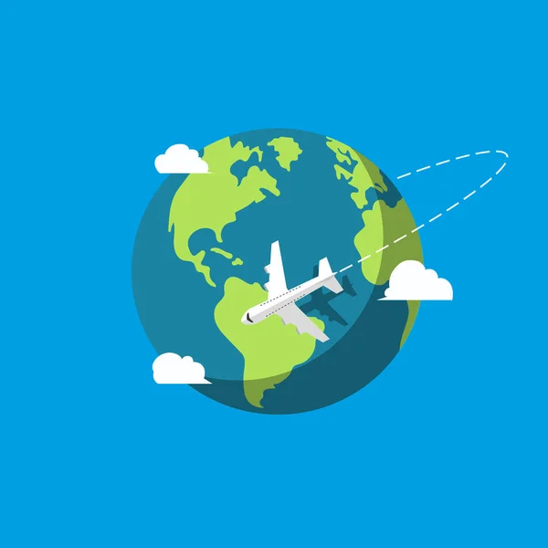 Dünyanın etrafında uçan uçak çizimi. Vektör.