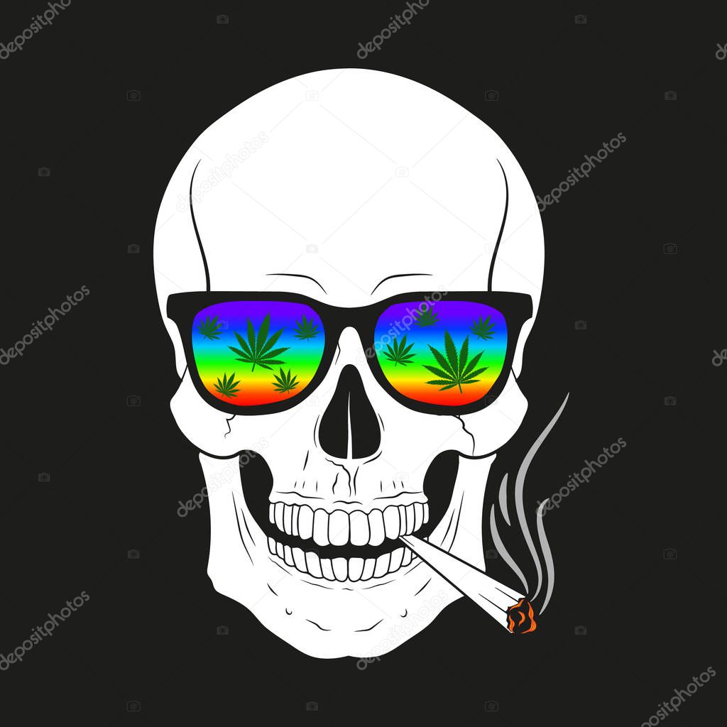 Vector illustration of skull smoking on black background. Isolated.