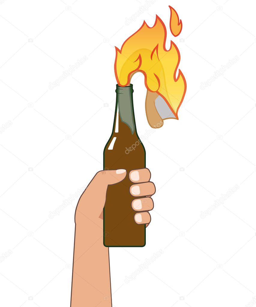 Hand holding a bottle with molotov cocktail. Vector illustration.