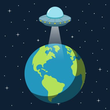 Dünya üzerinde uçan Ufo uzay gemisi, düz tasarım. Vektör.