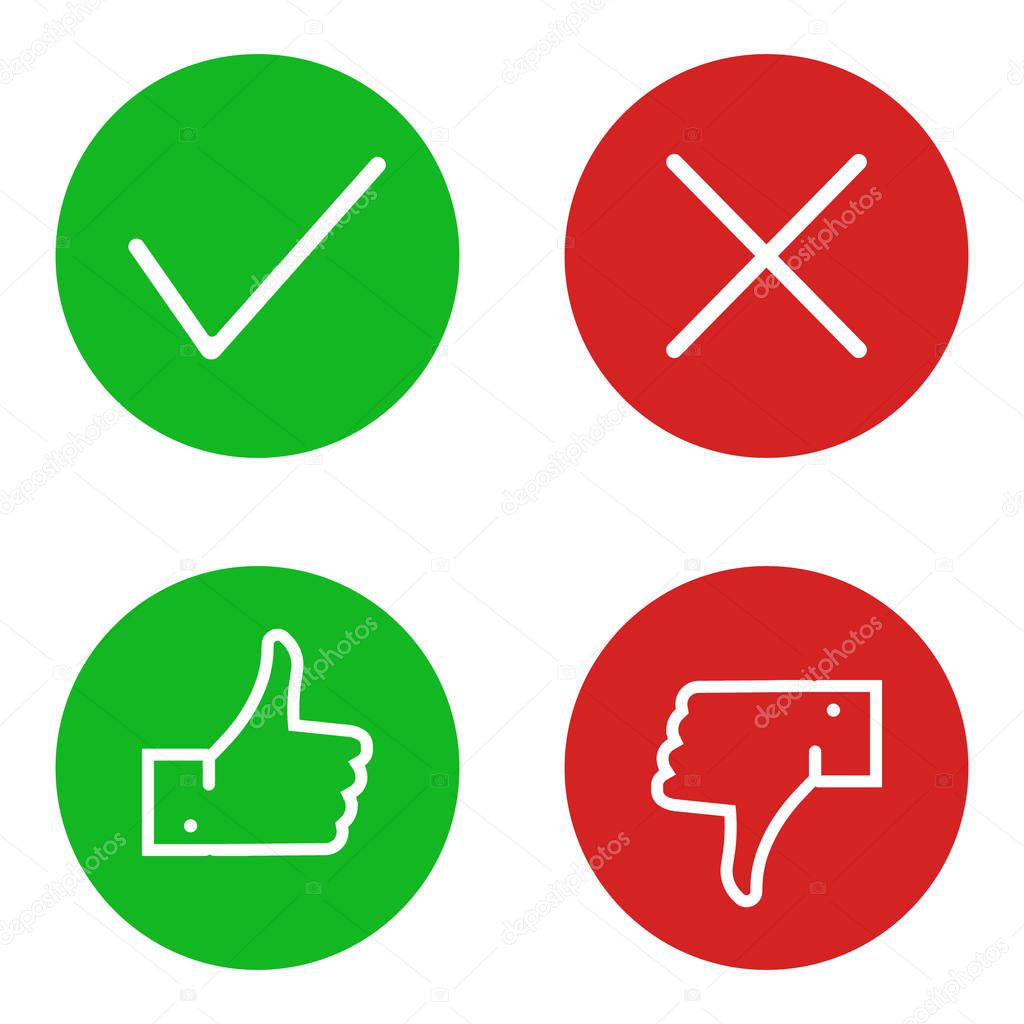 Thumbs up and down and check marks. Flat design. Vector.