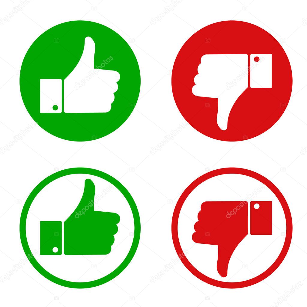 Thumb up and down. Vector illustration. Flat design.