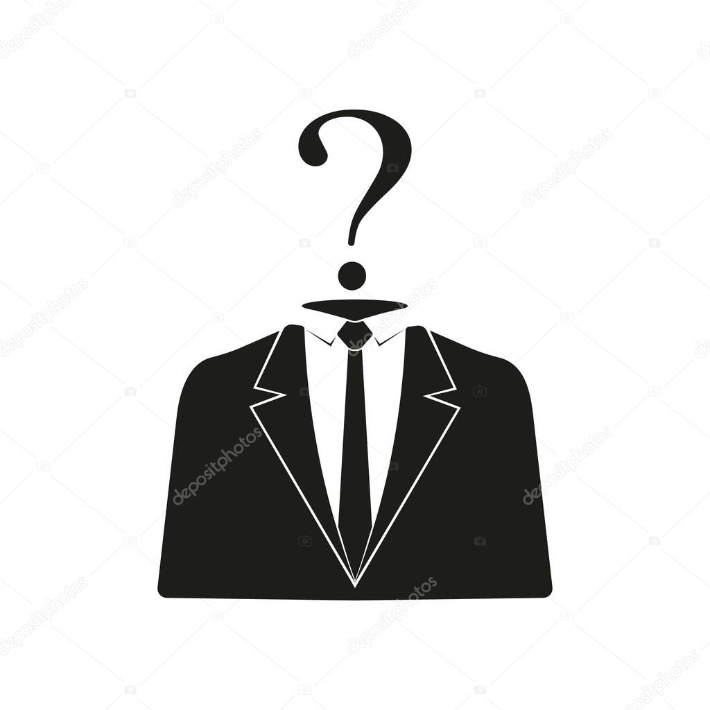 Businessman black icon with question mark. Vector illustration.