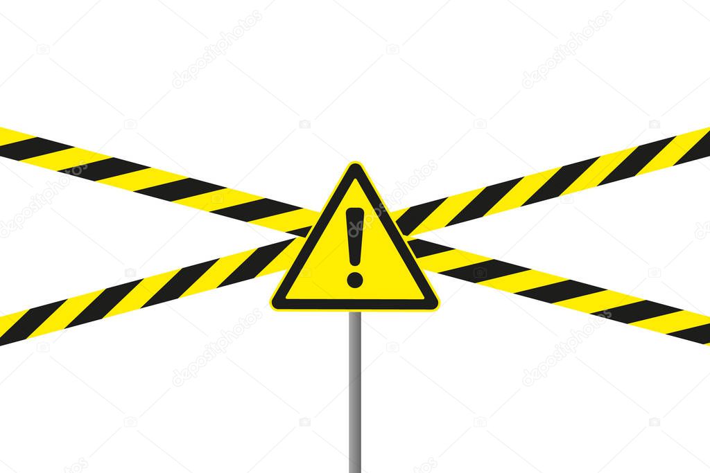 Vector illustration of yellow danger crossed tapes with sign. Isolated.