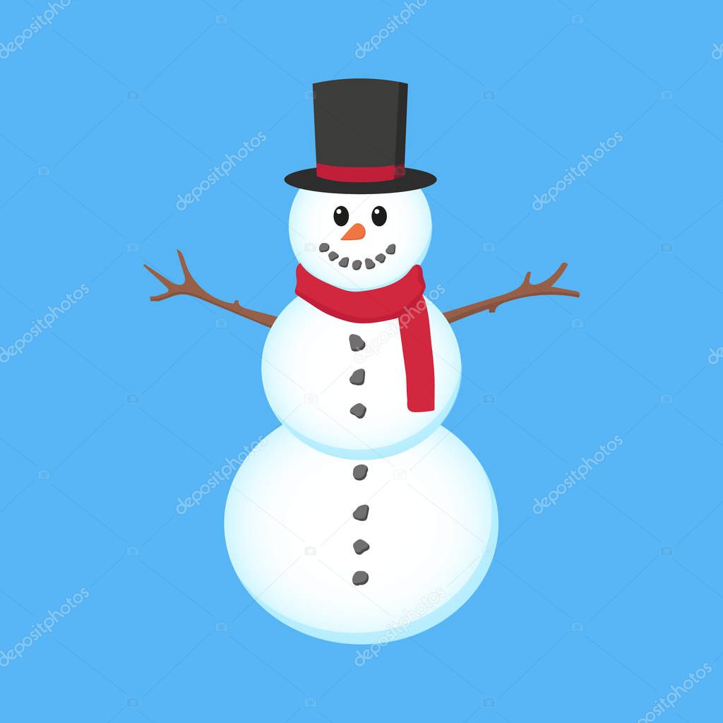 Snowy snowman. Flat style design. Vector illustration. Isolated.
