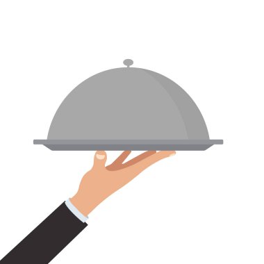 Tepsi ikonuyla garson elin vektör yanılsaması. Düz dizayn. İzole edilmiş.