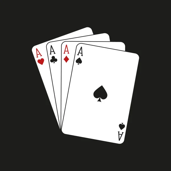 Vier Asse, die Karten farbig auf schwarzem Hintergrund spielen. isoliert. — Stockvektor