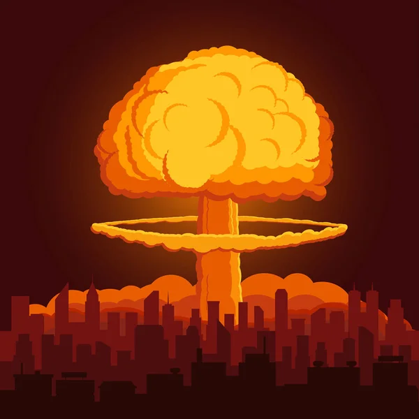 Illustration with atomic explosion cloud above city. Vector. — Stock Vector