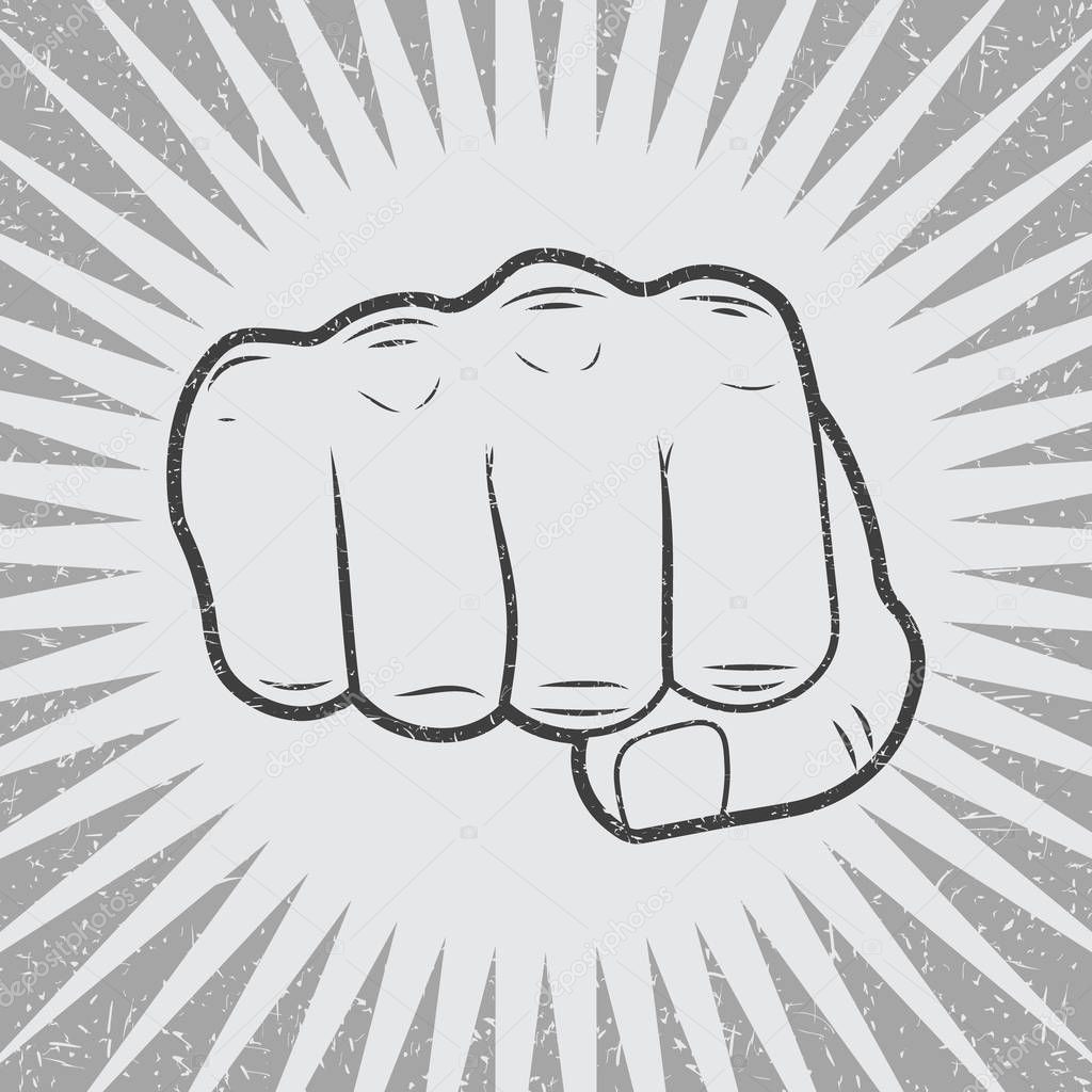 Fist with sunbursts in vintage style. Vector illustration,
