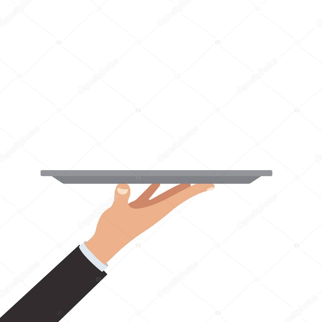 Waiter hand holding empty silver tray dish vector illustration. Isolated.