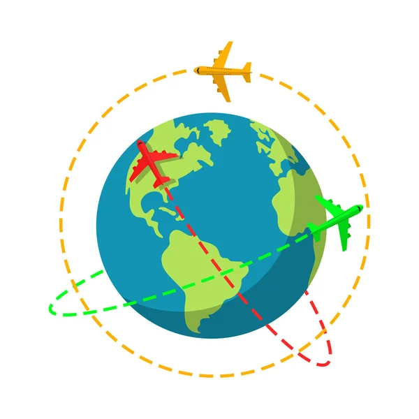 Vektorová ilustrace barevných letadel letících kolem Země. Plochý. Izolované. — Stockový vektor