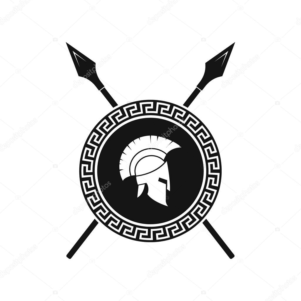 Vector illstration of spartan helmet and shield logo on white background.