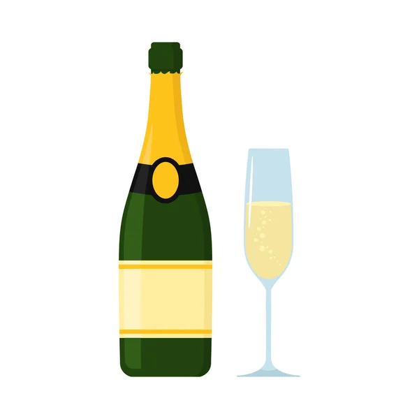 Vektorbelysning av champagne med glas. Platt design. Isolerad. — Stock vektor