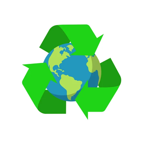 Vector illstration of planet with recycle sign icon. Flat design. Isolated. — Stock Vector