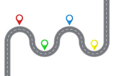 Virajlı bir yol ve dört yol. Düz dizayn. İzole edilmiş.