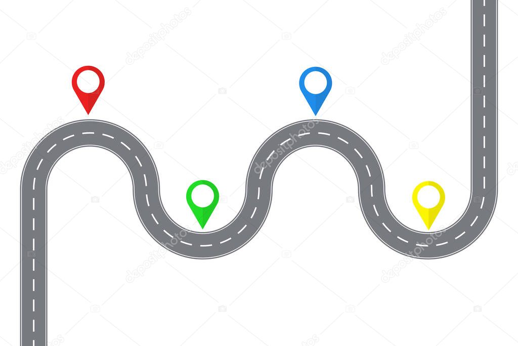 Road with a curvy road and four pointers. Flat design. Isolated.