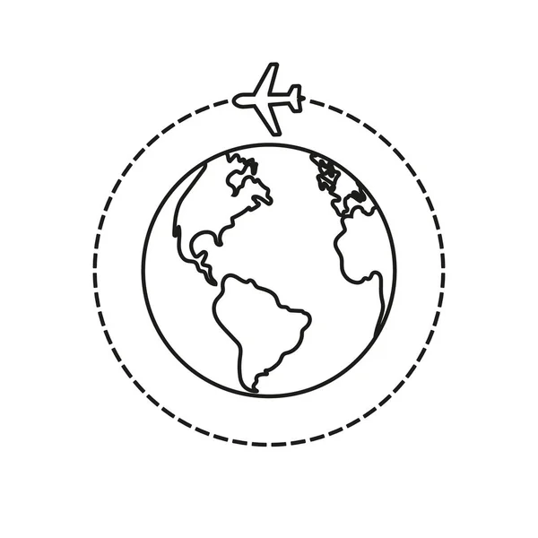 Vektorová ilustrace letadla letícího kolem ikony planety. Izolované. — Stockový vektor