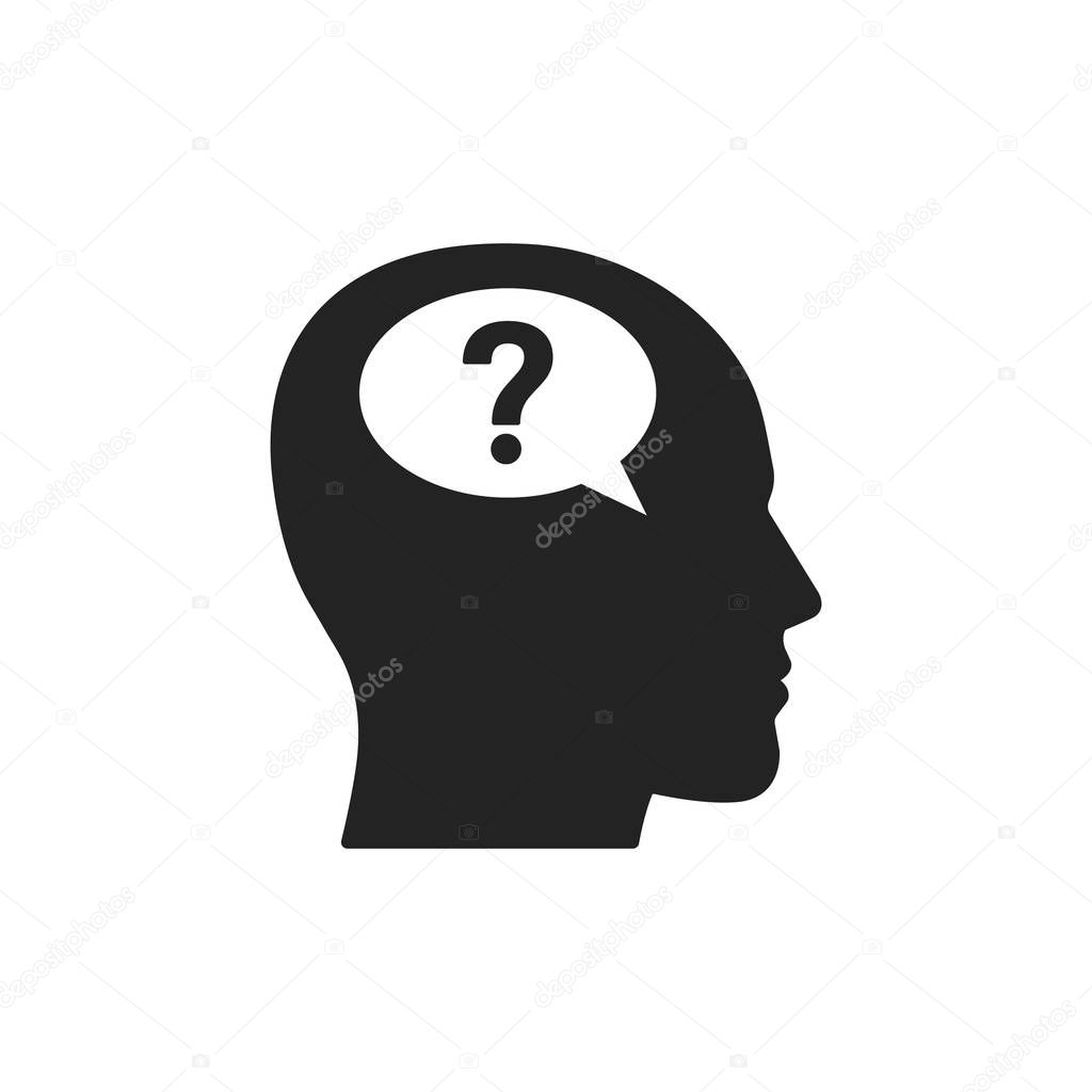 Vector illstration of head with question mark icon. Flat design. Isolated.