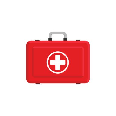 Kırmızı ilk yardım kutusu çizimi. Düz dizayn. Vektör. İzole edilmiş.