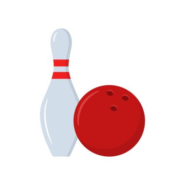 Bowling broşu ve top çizimi. Vektör, düz tasarım.