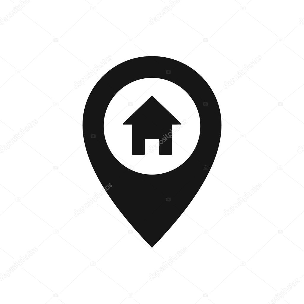 Vector illstration of pin house icon. Flat design. Isolated.