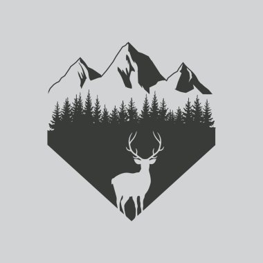 Deer in forest logo design. Vector illustration. Isolated.