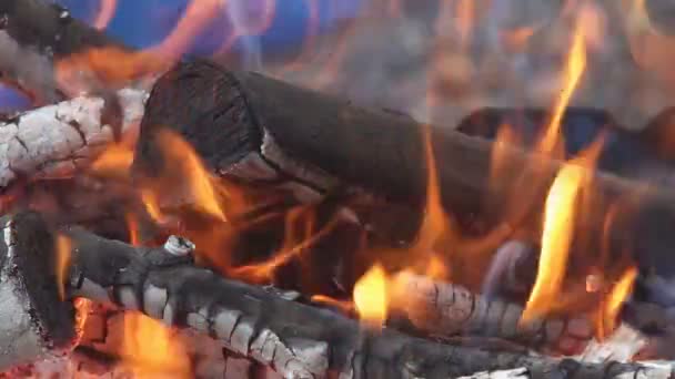 Střelba v pomalém chodu se dřevem padajícím ohněm pomalý pohyb — Stock video