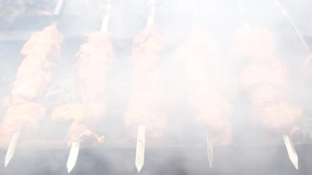 Churrasco Beef Kebabs On The Hot Grill Close-up. Chamas de fogo no fundo — Vídeo de Stock