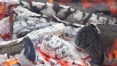 Ağır çekim: Doğada yanan bir kamp ateşi yangın alevler ayrıntılarını yakından.
