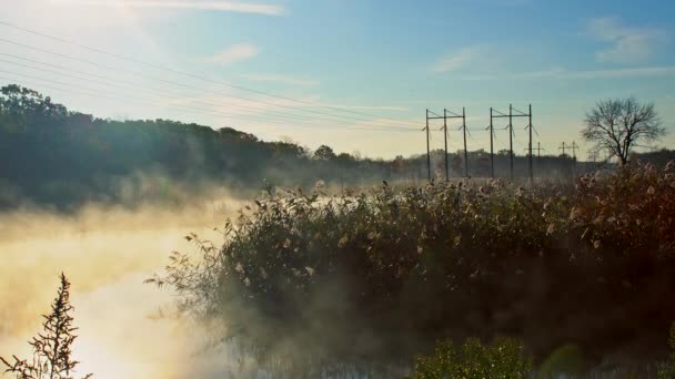 Herbstnebel am Morgen. Morgendämmerung auf dem nebeligen ruhigen Fluss — Stockvideo