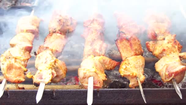 Grillezés a fa-szén grill hús. Ember fordul nyárs. — Stock videók