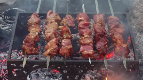 Grelhar carne de churrasco em carvão de madeira. Homem vira espetos . — Vídeo de Stock