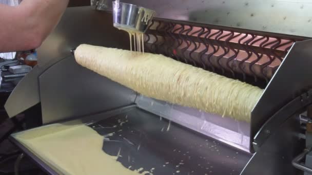 Matlagning litauiska Sakotis tårta Baumkuchen är en sorts traditionell skiktad kaka, känd i . — Stockvideo