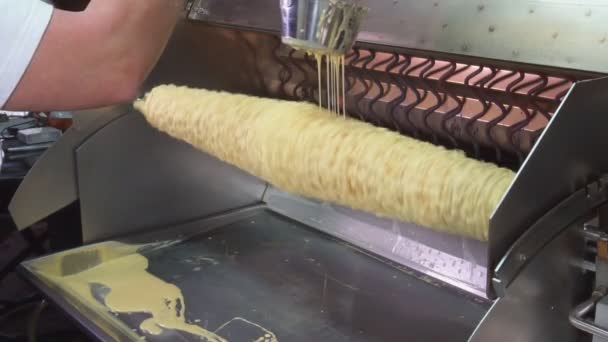 Cucina Torta tradizionale lituana sullo spiedo, messa a fuoco selettiva in movimento LITUANIAN SAKOTIS CAKE — Video Stock