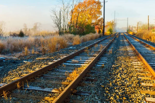 Névoa cobrindo trilhos ferroviários perto — Fotografia de Stock