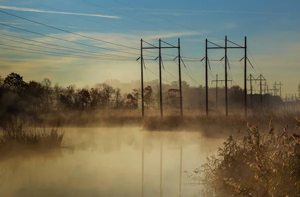 Automne paysage, rivière, brume, soir — Photo