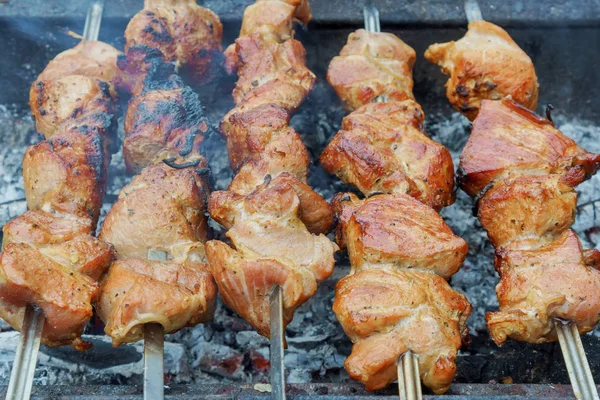Szaszłyk apetycznie świeże mięso przygotowane drewno grill — Zdjęcie stockowe