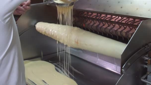 Cooking Traditional Lithuanian cake Baumkuchen is a kind of traditional layered — Stock Video